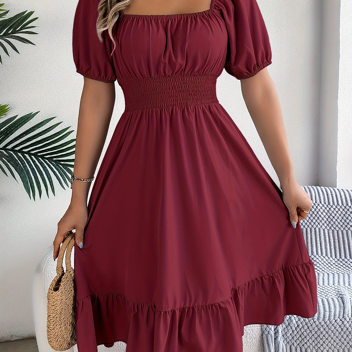 Ruffled Square Neck A-Line Dress