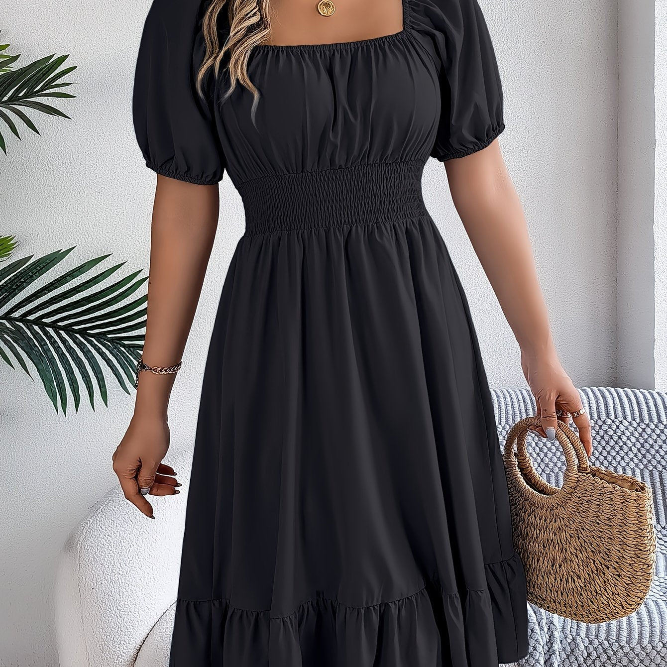 Ruffled Square Neck A-Line Dress