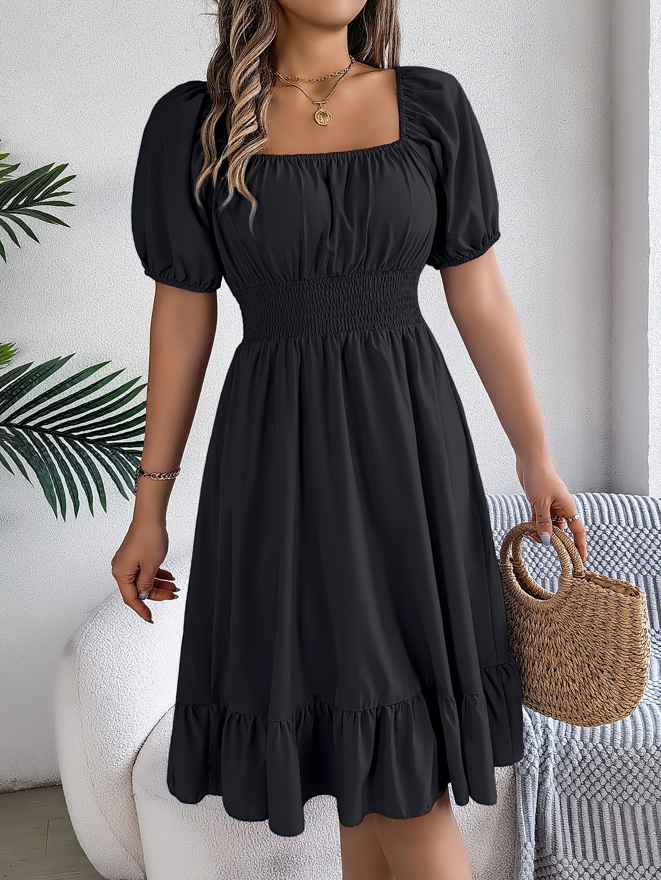 Ruffled Square Neck A-Line Dress