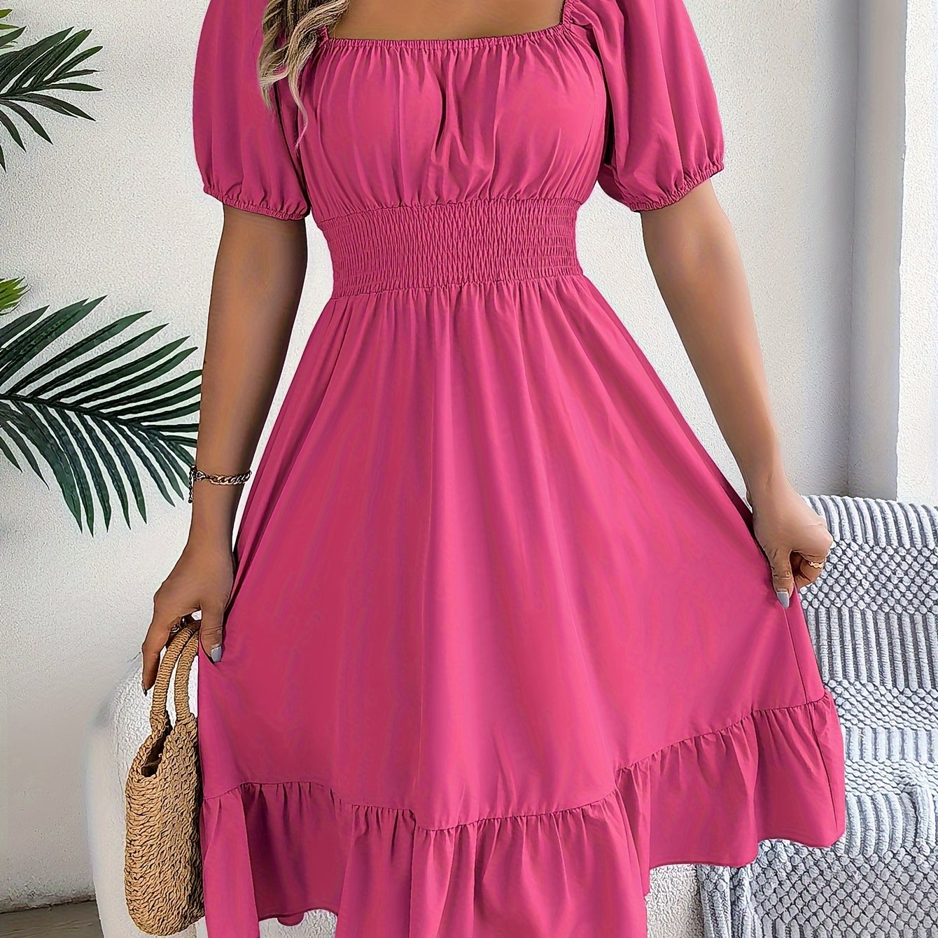 Ruffled Square Neck A-Line Dress