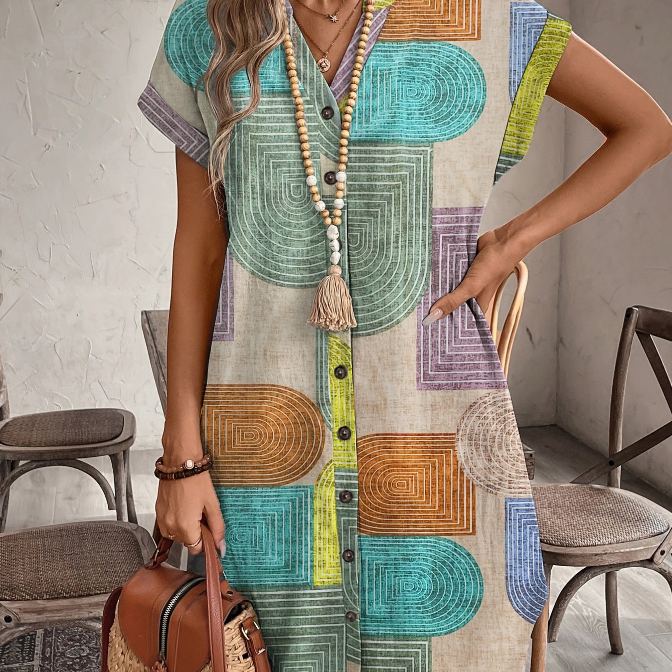Geometric V-Neck Midi Dress