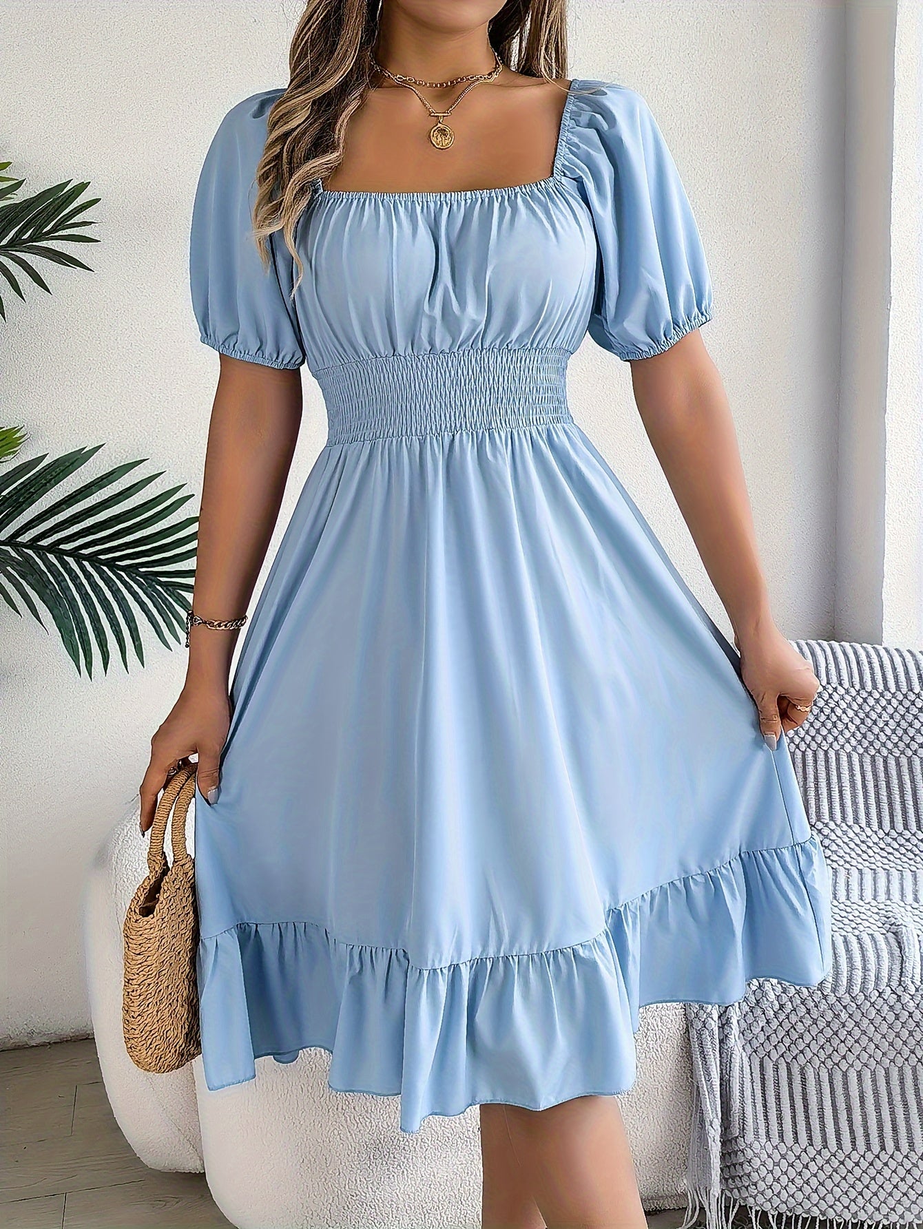Ruffled Square Neck A-Line Dress