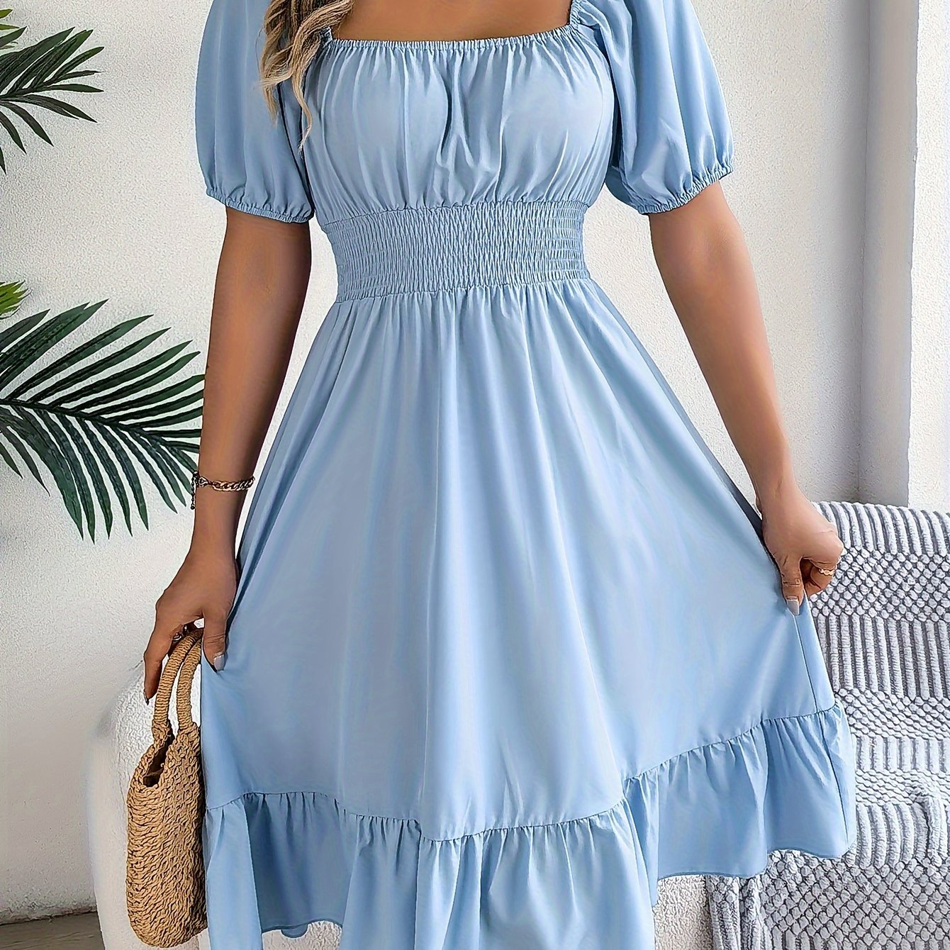 Ruffled Square Neck A-Line Dress