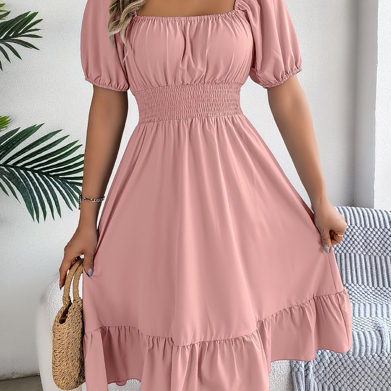 Ruffled Square Neck A-Line Dress