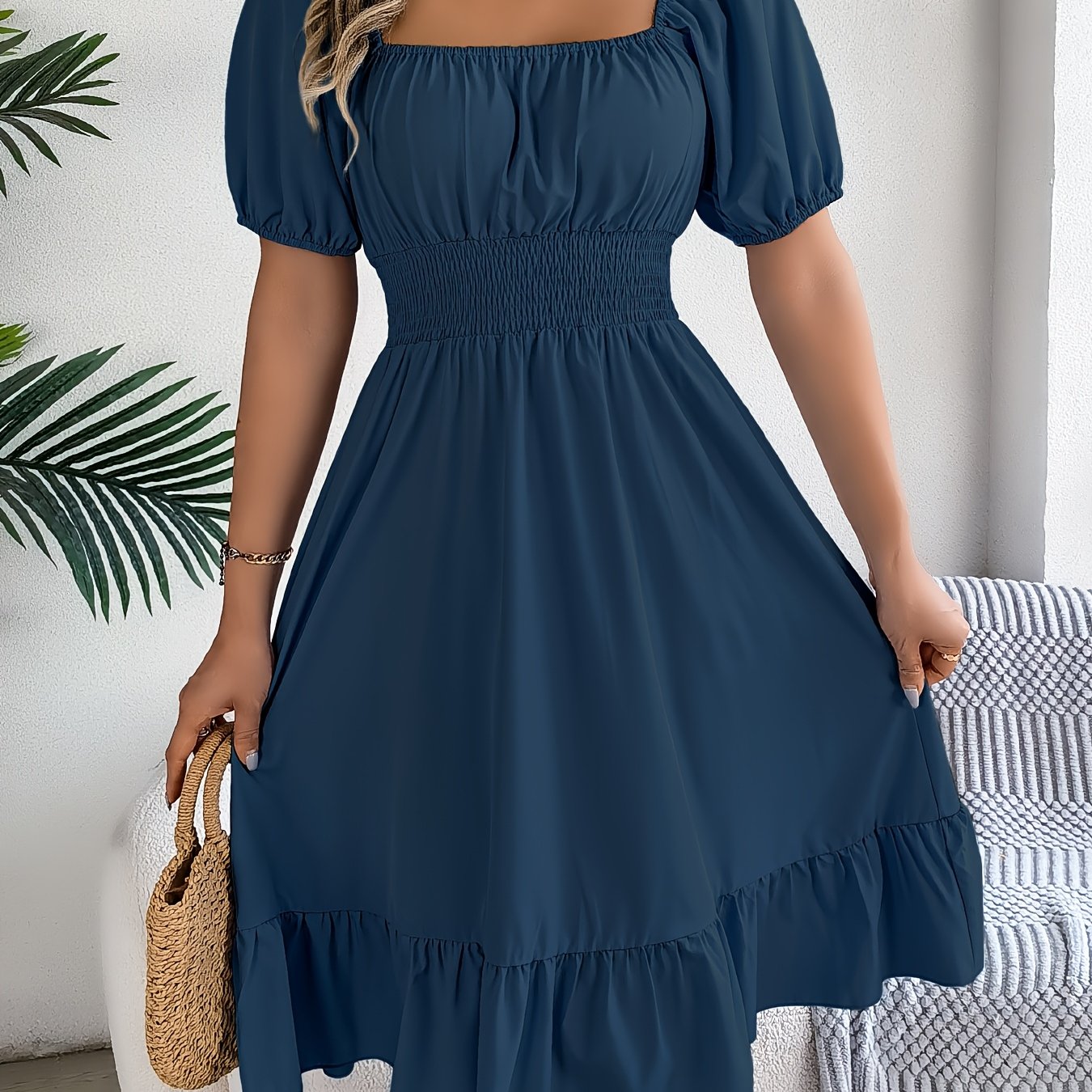 Ruffled Square Neck A-Line Dress