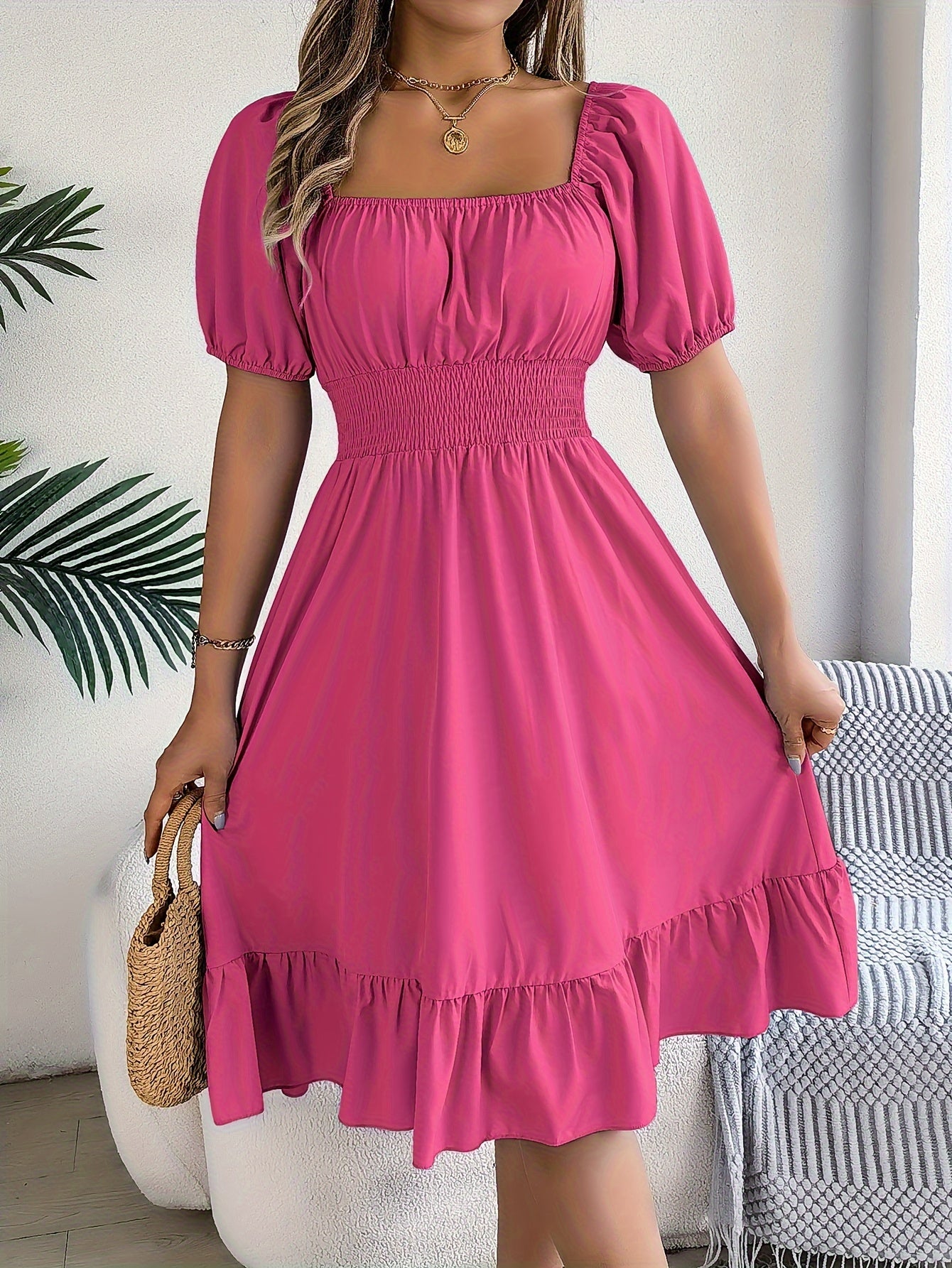 Ruffled Square Neck A-Line Dress