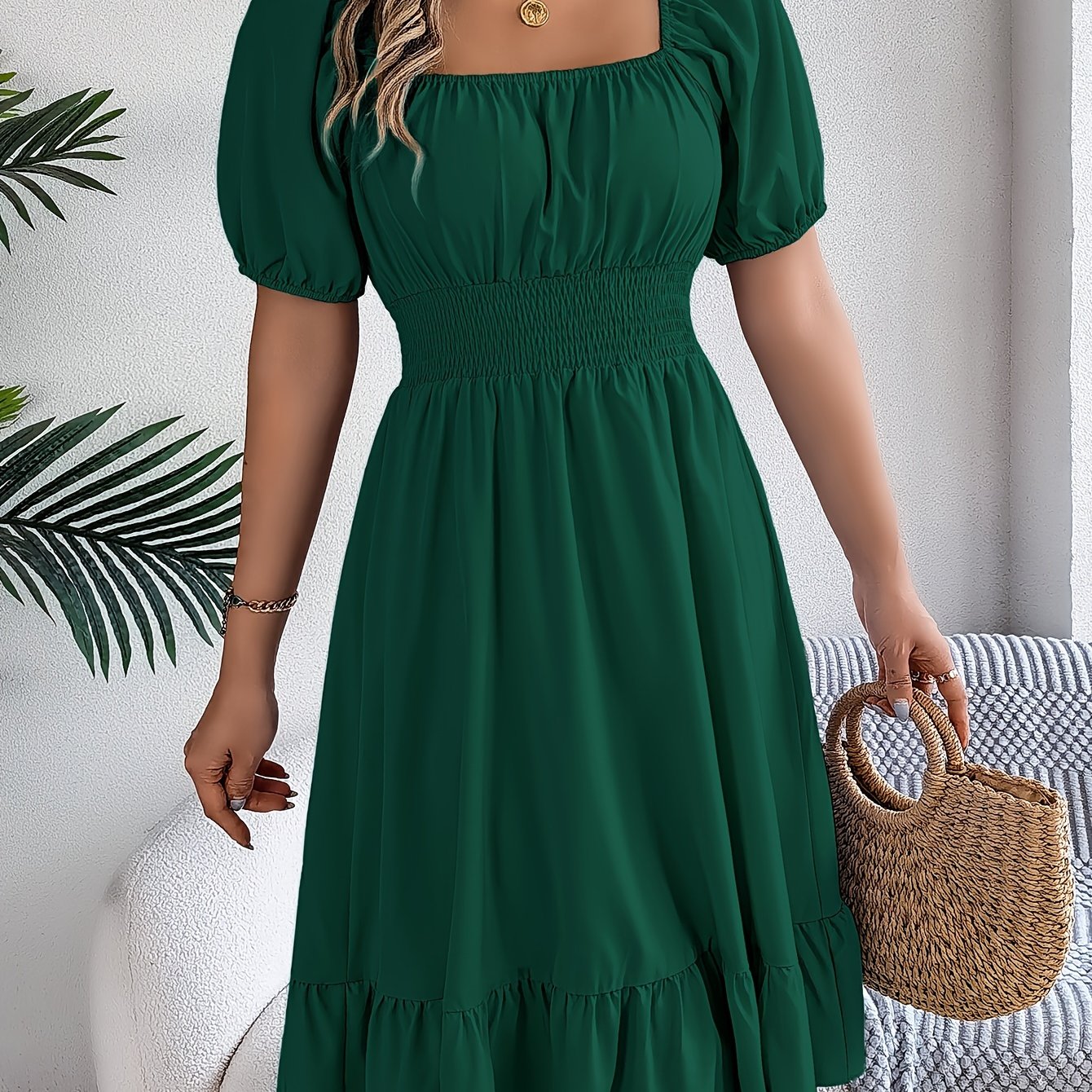 Ruffled Square Neck A-Line Dress