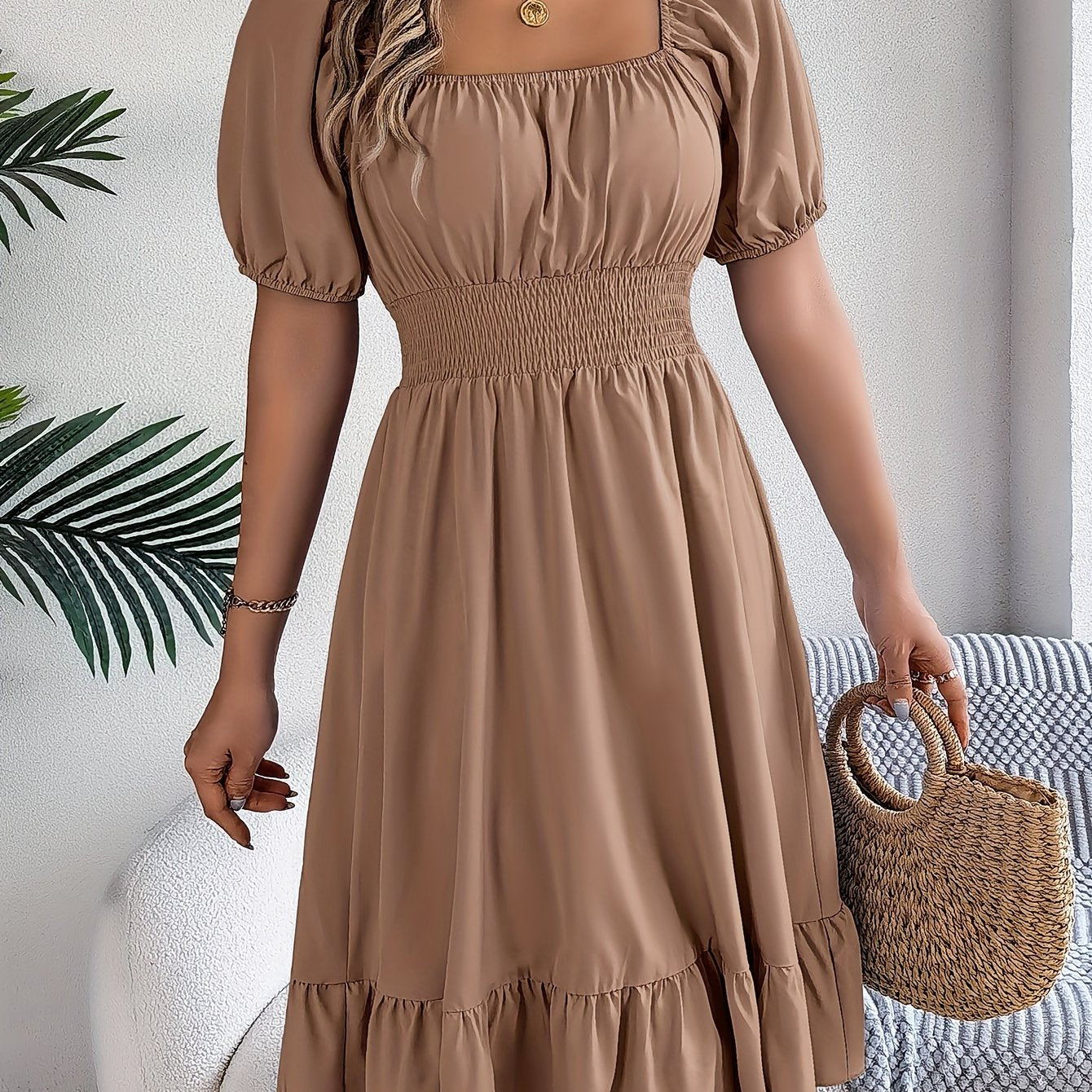 Ruffled Square Neck A-Line Dress