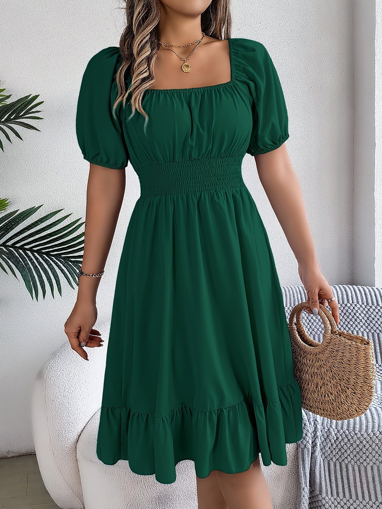 Ruffled Square Neck A-Line Dress